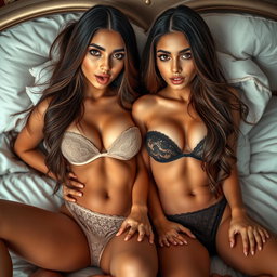 Two gorgeous young tan Arabic twin sisters with long, flowing brunette hair, showcasing their thin and petite bodies, small cup sizes, and small booties, dressed in alluring lingerie