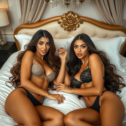 Two gorgeous young tan Arabic twin sisters with long, flowing brunette hair, showcasing their thin and petite bodies, small cup sizes, and small booties, dressed in alluring lingerie