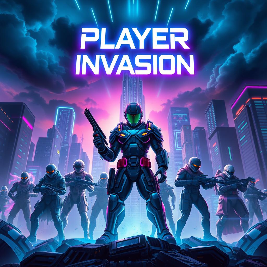 An electrifying book cover for 'Player Invasion', showcasing a high-stakes scene where players from a video game have infiltrated a futuristic city