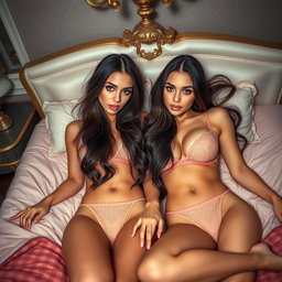 Two gorgeous young tan Arabic twin sisters with long, flowing brunette hair, showcasing their thin and petite bodies, small cup sizes, and small booties, dressed in alluring lingerie