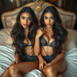 Two gorgeous young tan Arabic twin sisters with long, flowing brunette hair, showcasing their thin and petite bodies, small cup sizes, and small booties, dressed in alluring lingerie