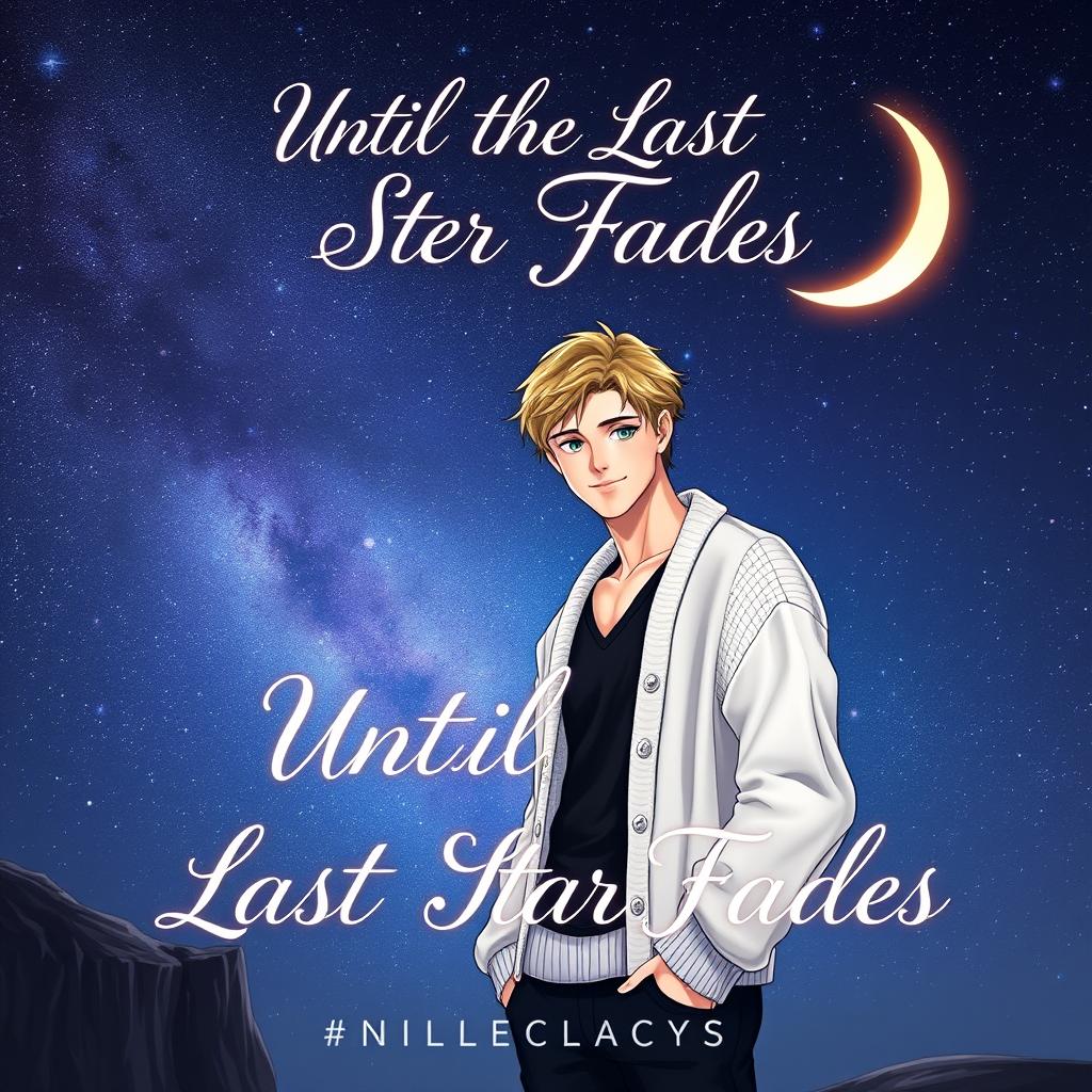 A stunning book cover design for a gay BL novel titled "Until the Last Star Fades" featuring two charming male characters standing together on a cliff under a beautiful night sky