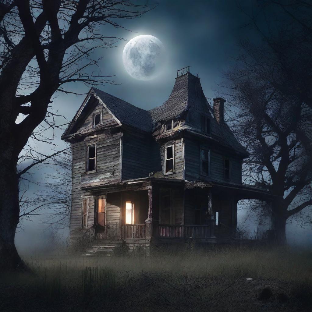 An aura of mystery surrounds a spooky haunted house on an ominous night. The house is in decrepit condition, looming tall over a moonlit landscape with overgrown trees framing it.