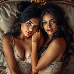 Two young, petite brunette Arabic twin sisters with beautifully tanned skin, lying closely together in an intimate and elegant setting