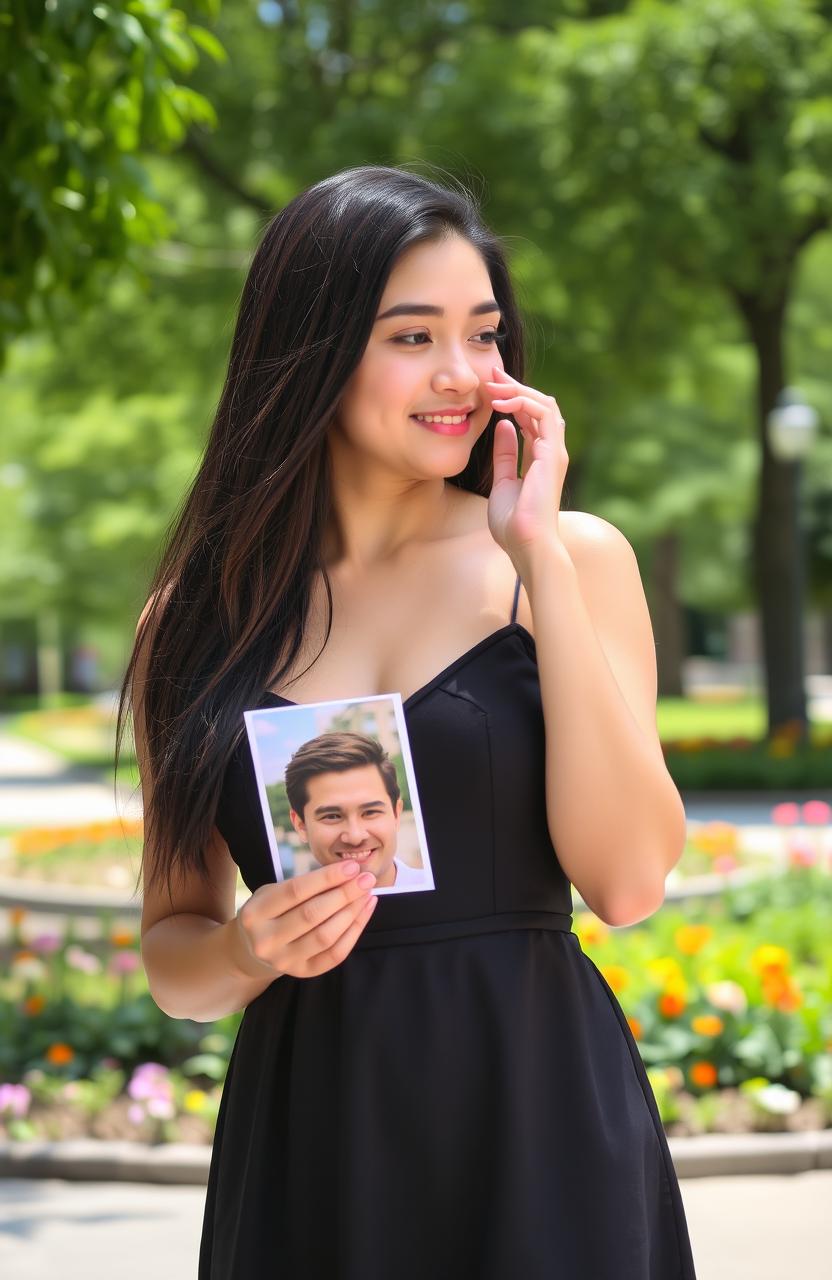 A young woman with long brunette hair, wearing a stylish summer dress, standing confidently while holding a photo of a man in her hand