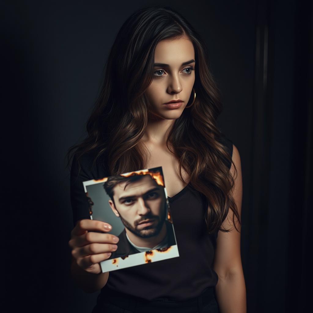 A young woman with long, wavy brunette hair, dressed in a fashionable outfit, stands with a solemn expression, holding a burnt photo of a man in her hand