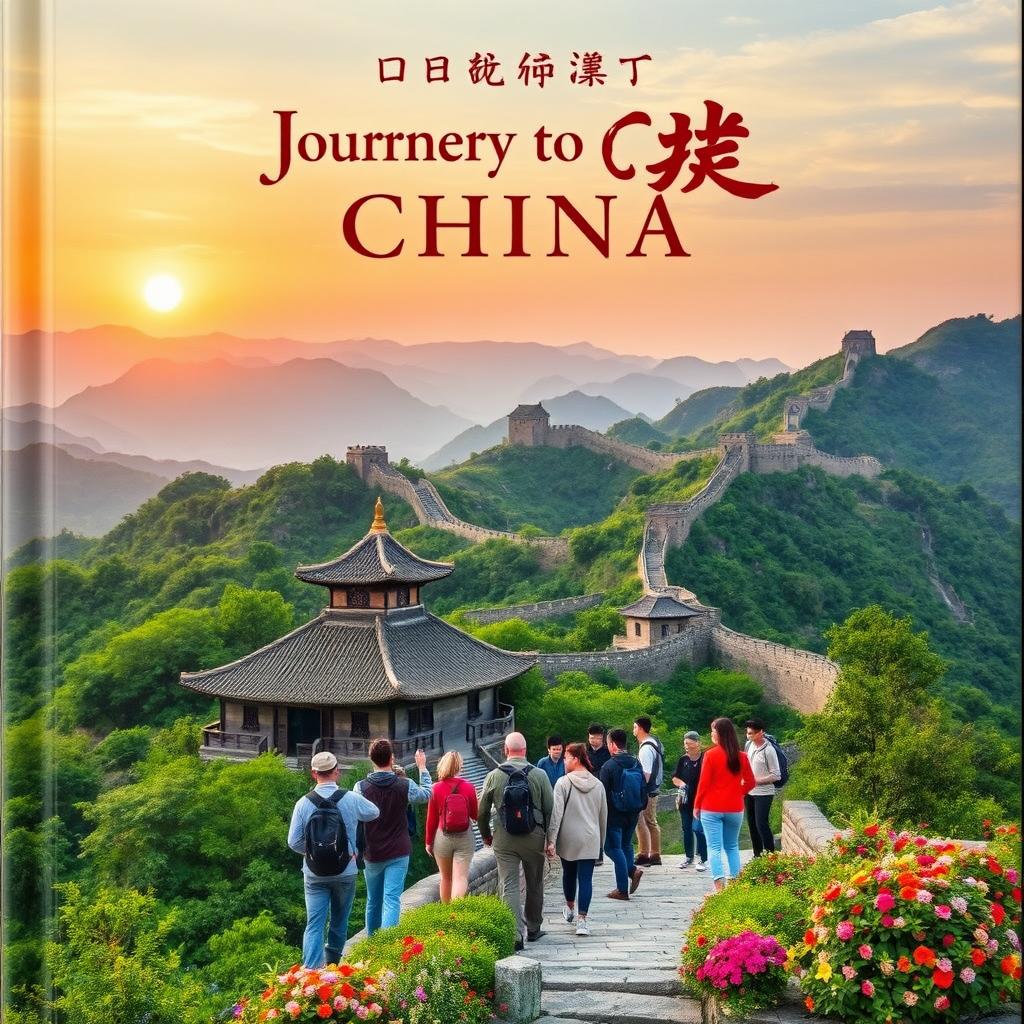 A captivating book cover for 'Journey to China', depicting a scenic and adventurous landscape that embodies the essence of travel through China