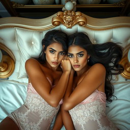 Two young, petite brunette Latina Arabic twin sisters with dark tan skin, lying closely together in an intimate and elegant setting