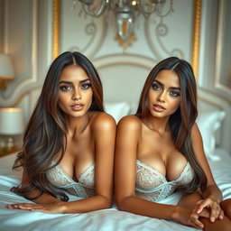 Gorgeous young twin sisters with tan Arabic skin, long brunette hair, and petite, slender figures, lying together on a luxurious bed in a fancy romantic room