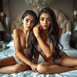 Gorgeous young twin sisters with tan Arabic skin, long brunette hair, and petite, slender figures, lying together on a luxurious bed in a fancy romantic room