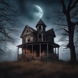 An aura of mystery surrounds a spooky haunted house on an ominous night. The house is in decrepit condition, looming tall over a moonlit landscape with overgrown trees framing it.