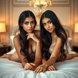 Gorgeous young twin sisters with tan Arabic skin, long brunette hair, and petite, slender figures, dressed in alluring lingerie, lying closely together on a luxurious bed in a fancy romantic room