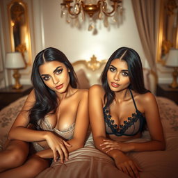 Gorgeous young twin sisters with tan Arabic skin, long brunette hair, and petite, slender figures, dressed in alluring lingerie, lying closely together on a luxurious bed in a fancy romantic room