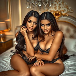 Gorgeous young twin sisters with tan Arabic skin, long brunette hair, and petite, slender figures, dressed in alluring lingerie, lying closely together on a luxurious bed in a fancy romantic room