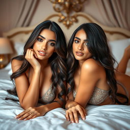 Gorgeous young twin sisters with tan Arabic skin, long brunette hair, and petite, slender figures, gracefully lying next to each other on a luxurious bed in a fancy romantic room