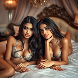 Gorgeous young twin sisters with tan Arabic skin, long brunette hair, and petite, slender figures, gracefully lying next to each other on a luxurious bed in a fancy romantic room