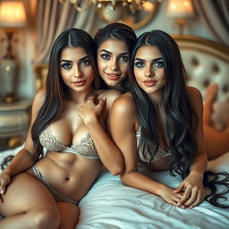 Gorgeous young twin sisters with tan Arabic skin, long brunette hair, and petite, slender figures, gracefully lying next to each other on a luxurious bed in a fancy romantic room