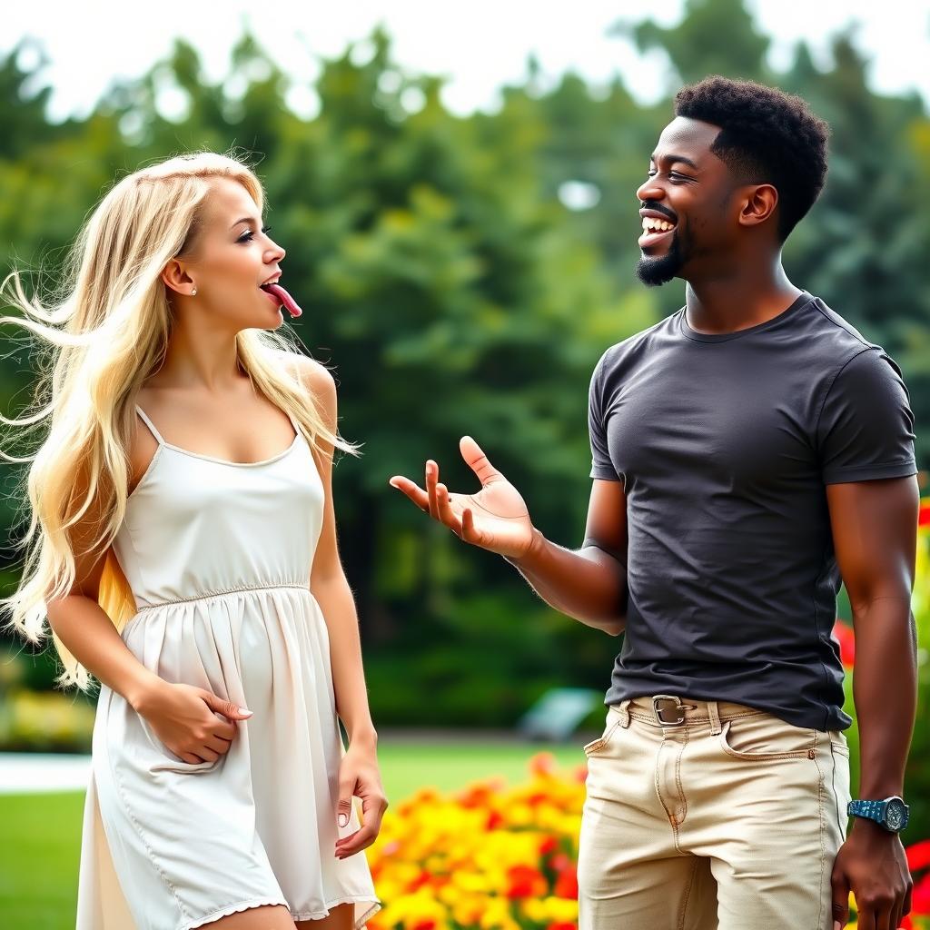 A playful and flirtatious scene featuring a white girl and a black guy sharing a light-hearted moment