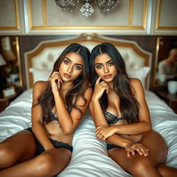Gorgeous young twin sisters with tan Arabic skin, long brunette hair, and petite, slender figures, elegantly laying close together on a luxurious bed in a fancy romantic room