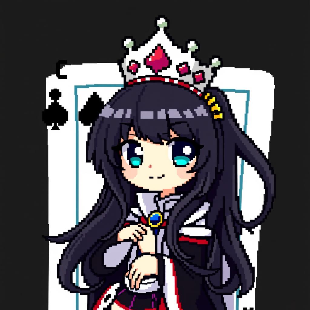 A pixel art representation of the Queen of Spades poker card featuring an anime girl