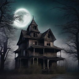 An aura of mystery surrounds a spooky haunted house on an ominous night. The house is in decrepit condition, looming tall over a moonlit landscape with overgrown trees framing it.