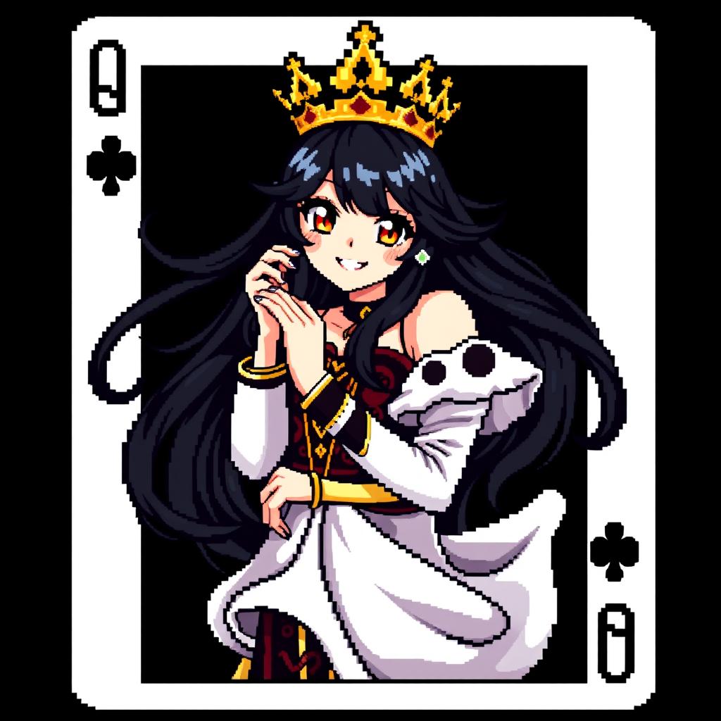 A full-size uncut pixel art representation of the Queen of Spades poker card featuring an anime girl