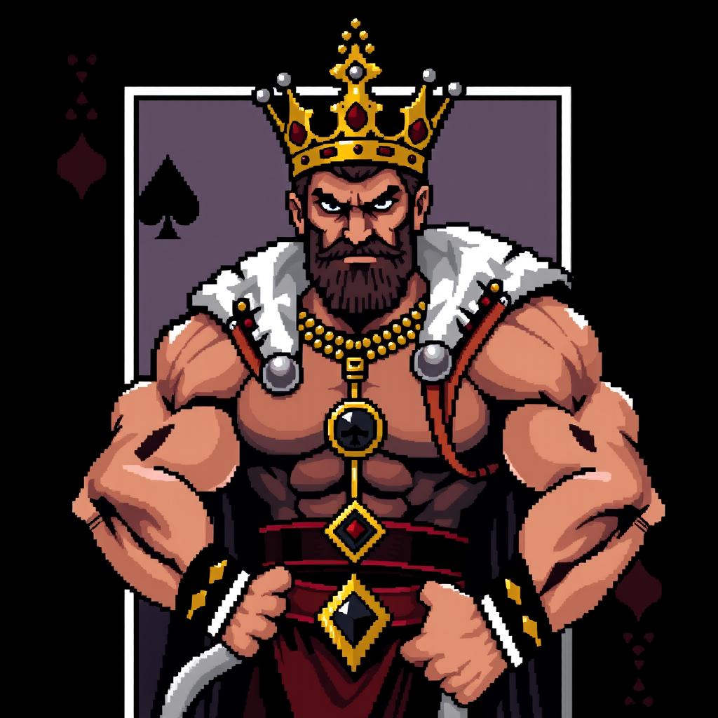 A full-size uncut pixel art representation of the King of Spades poker card featuring a stoic, muscular man