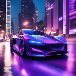 A futuristic sports car with sleek, aerodynamic lines and neon lights glowing in cool shades of blue and purple. The car is racing on a desolate cityscape under a star-studded night sky.