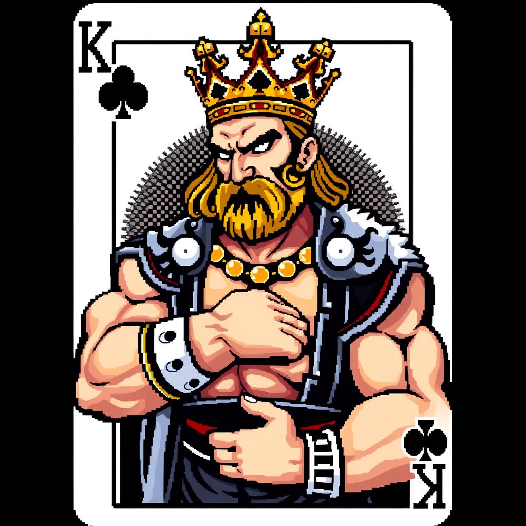 A pixel art representation of the King of Spades poker card featuring a stoic, muscular man