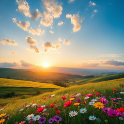 A beautifully composed photograph featuring a scenic landscape with rolling hills, vibrant green fields, and a serene blue sky filled with soft, fluffy clouds