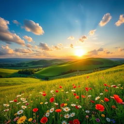 A beautifully composed photograph featuring a scenic landscape with rolling hills, vibrant green fields, and a serene blue sky filled with soft, fluffy clouds