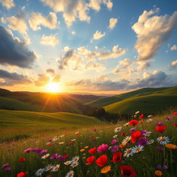 A beautifully composed photograph featuring a scenic landscape with rolling hills, vibrant green fields, and a serene blue sky filled with soft, fluffy clouds