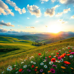 A beautifully composed photograph featuring a scenic landscape with rolling hills, vibrant green fields, and a serene blue sky filled with soft, fluffy clouds