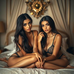 Gorgeous young twin sisters with tan Arabic skin, long brunette hair, and petite, slender bodies, elegantly laying close together on a luxurious bed in a fancy romantic room