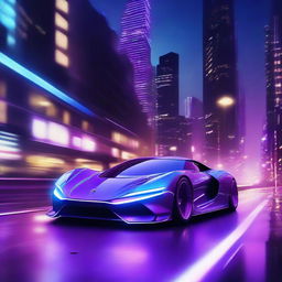 A futuristic sports car with sleek, aerodynamic lines and neon lights glowing in cool shades of blue and purple. The car is racing on a desolate cityscape under a star-studded night sky.