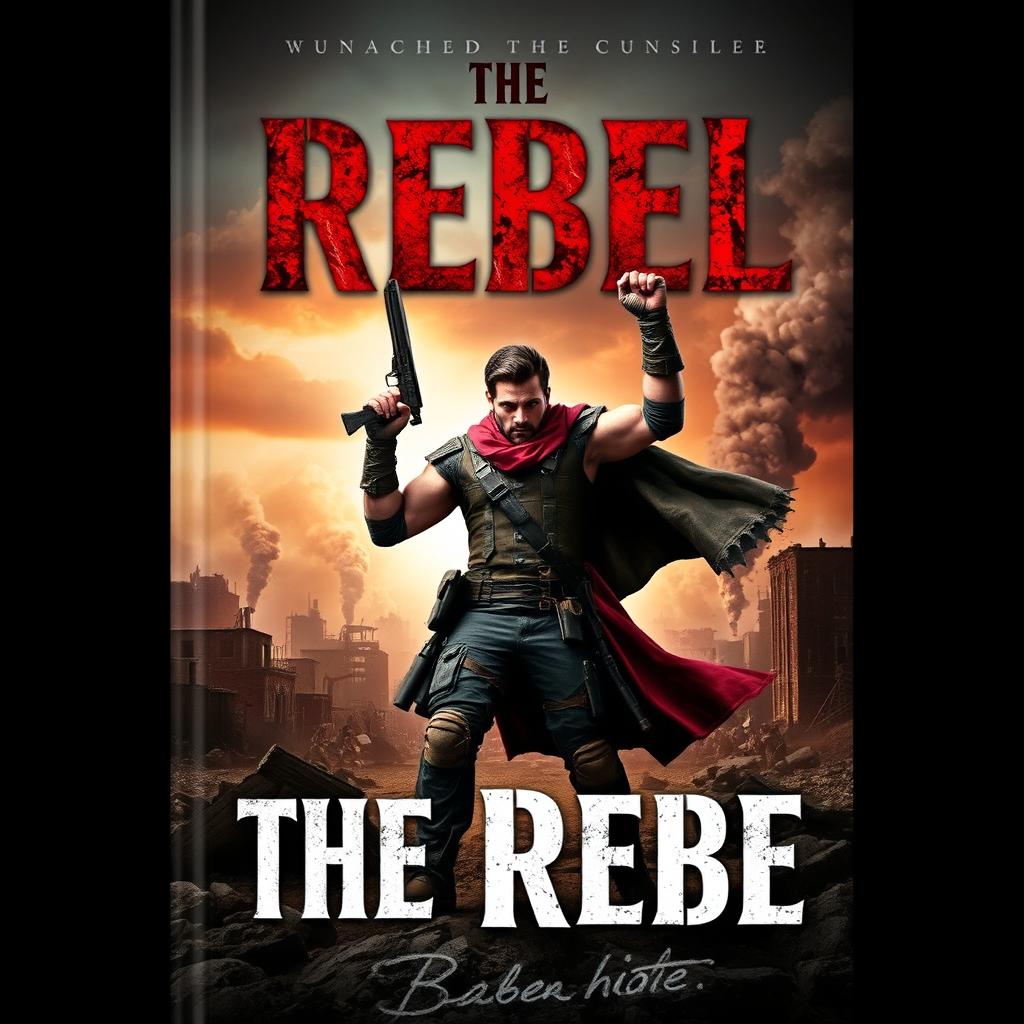 A powerful book cover for 'The Rebel', depicting a strong and determined protagonist standing at the forefront of a war-torn city