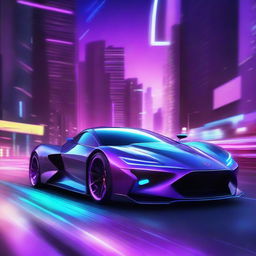 A futuristic sports car with sleek, aerodynamic lines and neon lights glowing in cool shades of blue and purple. The car is racing on a desolate cityscape under a star-studded night sky.