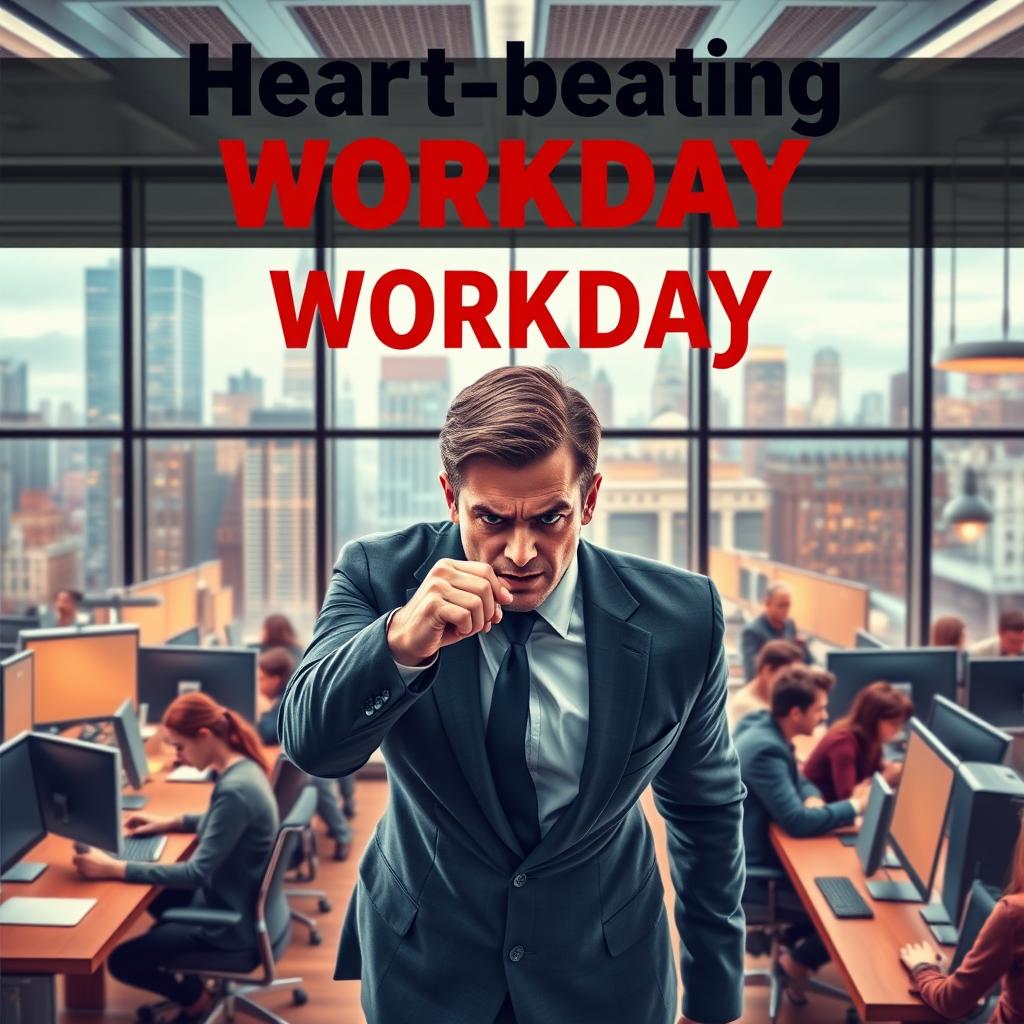 An engaging book cover for 'Heart-beating Workday', depicting an intense office scene infused with emotion and passion