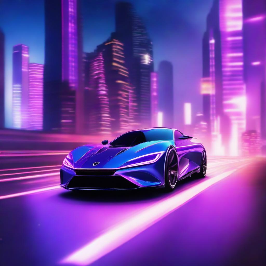 A futuristic sports car with sleek, aerodynamic lines and neon lights glowing in cool shades of blue and purple. The car is racing on a desolate cityscape under a star-studded night sky.