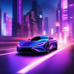 A futuristic sports car with sleek, aerodynamic lines and neon lights glowing in cool shades of blue and purple. The car is racing on a desolate cityscape under a star-studded night sky.