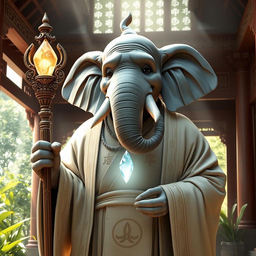 A majestic male Loxodon monk, his large, elephant-like features conveying wisdom and tranquility