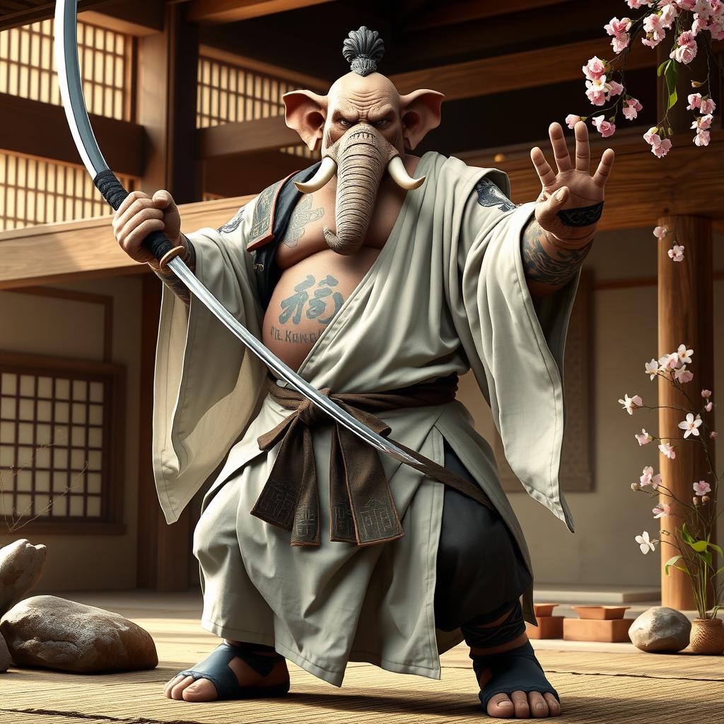 A powerful male Loxodon monk embodying the Way of the Kensei, standing confidently in a dynamic martial pose