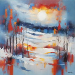 Imagine an abstract art painting that captures winter's essence. The canvas is dominated by shades of cool blues and whites, with bursts of vibrant reds and oranges, simulating a crackling fire against the frigid winter landscape.