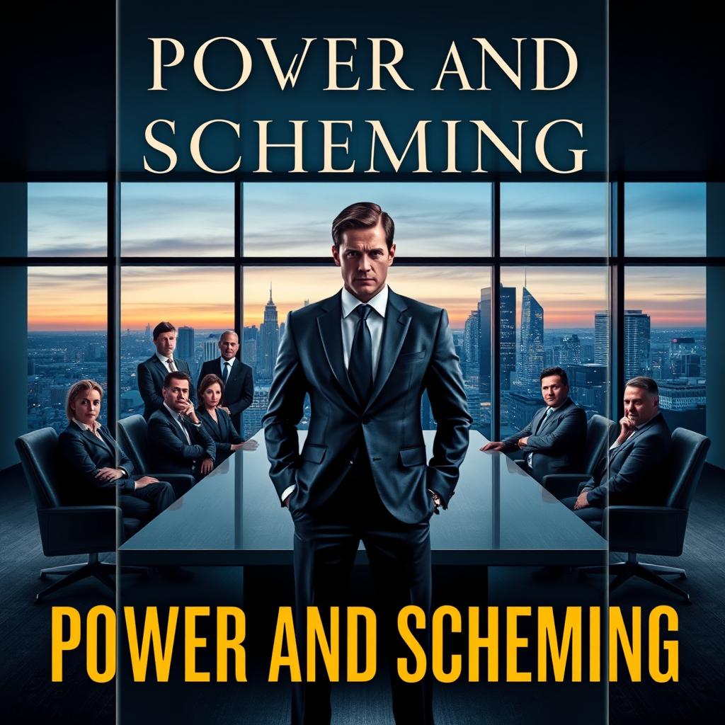 An intriguing book cover for 'Power and Scheming', showcasing a high-stakes corporate environment filled with tension and strategy
