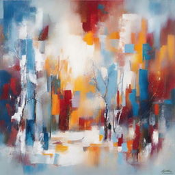 Imagine an abstract art painting that captures winter's essence. The canvas is dominated by shades of cool blues and whites, with bursts of vibrant reds and oranges, simulating a crackling fire against the frigid winter landscape.