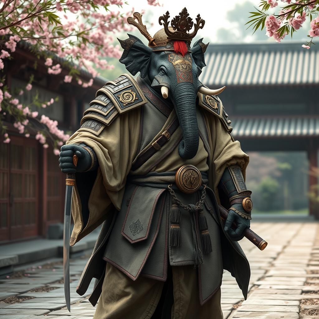 A formidable male Loxodon monk practicing the Way of the Kensei, fully equipped in elaborate robe armor that combines traditional monk attire with protective elements