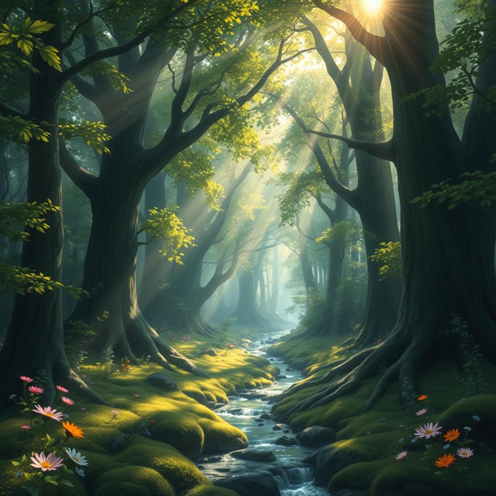 A rich, detailed background scene featuring an ethereal forest with towering trees, their leaves a vibrant green, dappled sunlight filtering through the branches creating a magical atmosphere