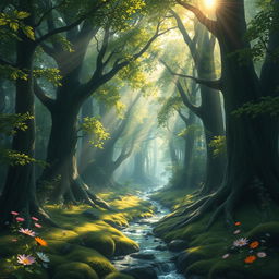 A rich, detailed background scene featuring an ethereal forest with towering trees, their leaves a vibrant green, dappled sunlight filtering through the branches creating a magical atmosphere