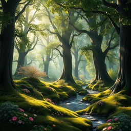 A rich, detailed background scene featuring an ethereal forest with towering trees, their leaves a vibrant green, dappled sunlight filtering through the branches creating a magical atmosphere