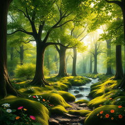 A rich, detailed background scene featuring an ethereal forest with towering trees, their leaves a vibrant green, dappled sunlight filtering through the branches creating a magical atmosphere